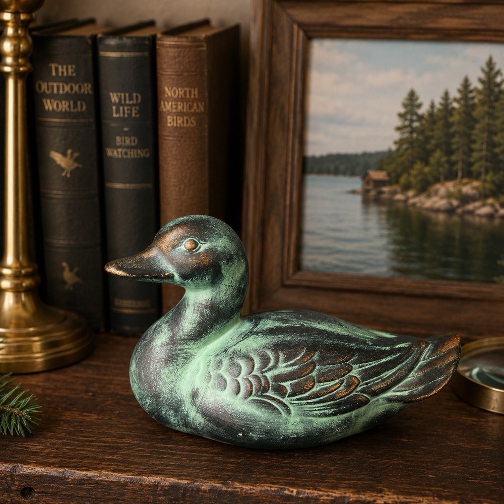 VTG Art Pottery Duck Figurine Faux Bronze Verdigris Patina Sculpture 7" Long